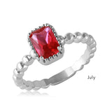 Sterling Silver July Rhodium Plated Beaded Shank Square Center Birthstone Ring