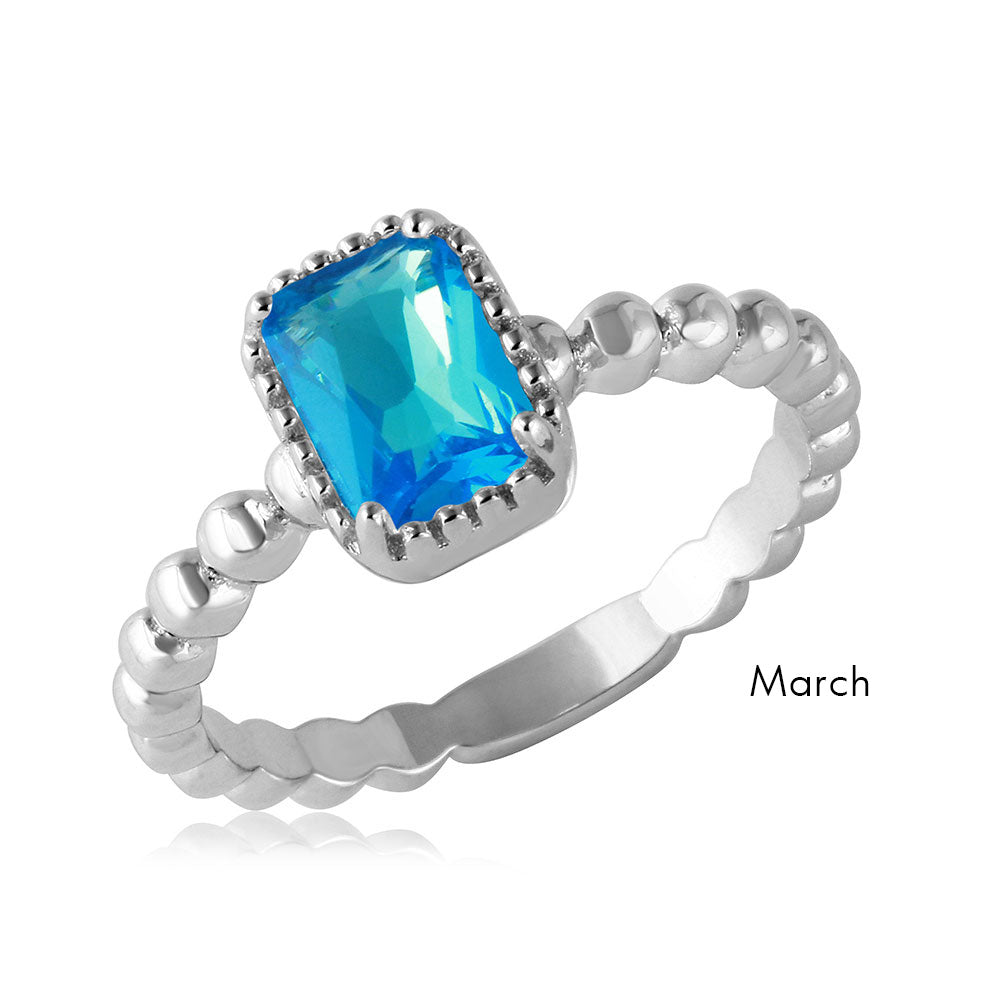 Sterling Silver March Rhodium Plated Beaded Shank Square Center Birthstone Ring