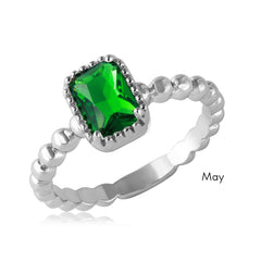Sterling Silver May Rhodium Plated Beaded Shank Square Center Birthstone Ring