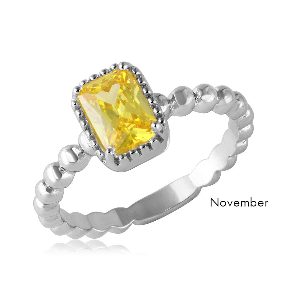 Sterling Silver November Rhodium Plated Beaded Shank Square Center Birthstone Ring