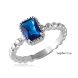 Sterling Silver September Rhodium Plated Beaded Shank Square Center Birthstone Ring