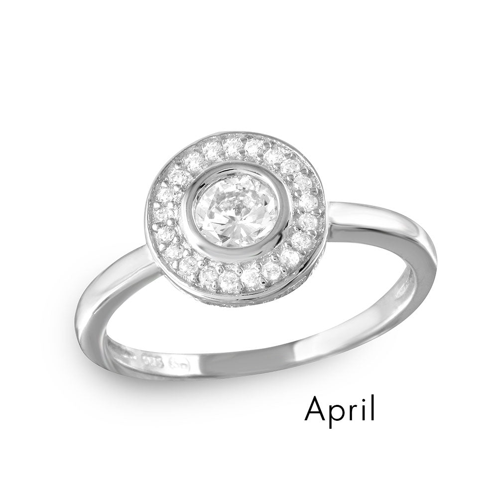 Sterling Silver April Rhodium Plated CZ Center Birthstone Halo Ring