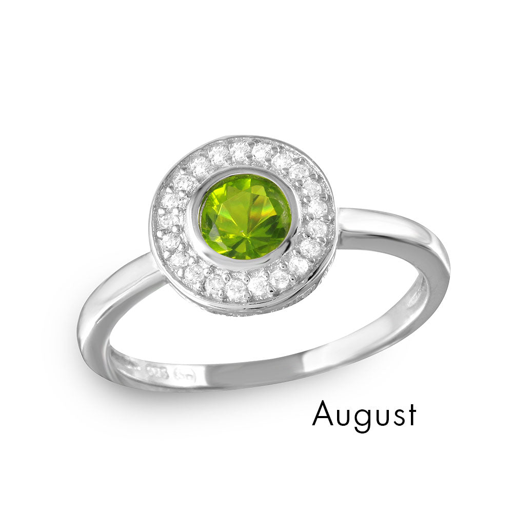 Sterling Silver August Rhodium Plated CZ Center Birthstone Halo Ring