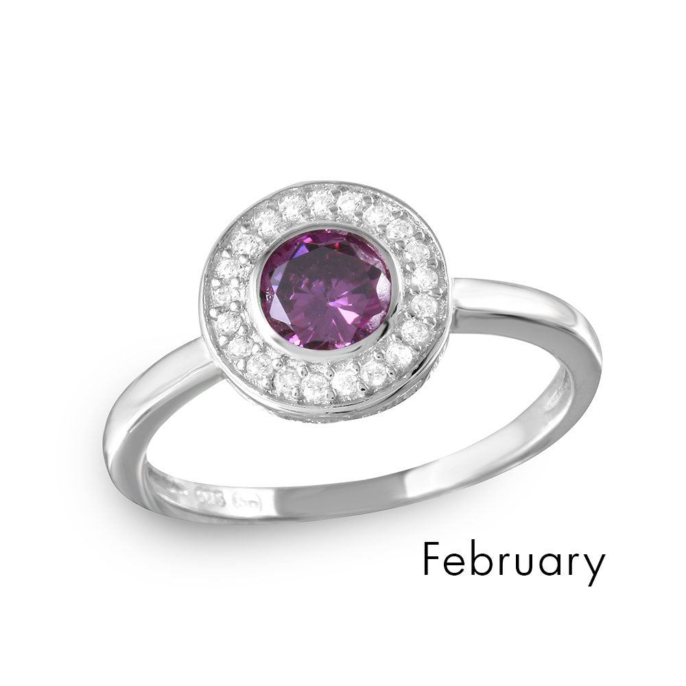 Sterling Silver February Rhodium Plated CZ Center Birthstone Halo Ring