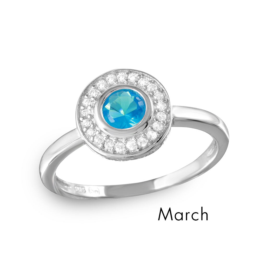 Sterling Silver March Rhodium Plated CZ Center Birthstone Halo Ring