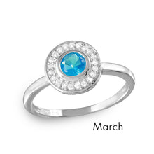 Load image into Gallery viewer, Sterling Silver March Rhodium Plated CZ Center Birthstone Halo Ring