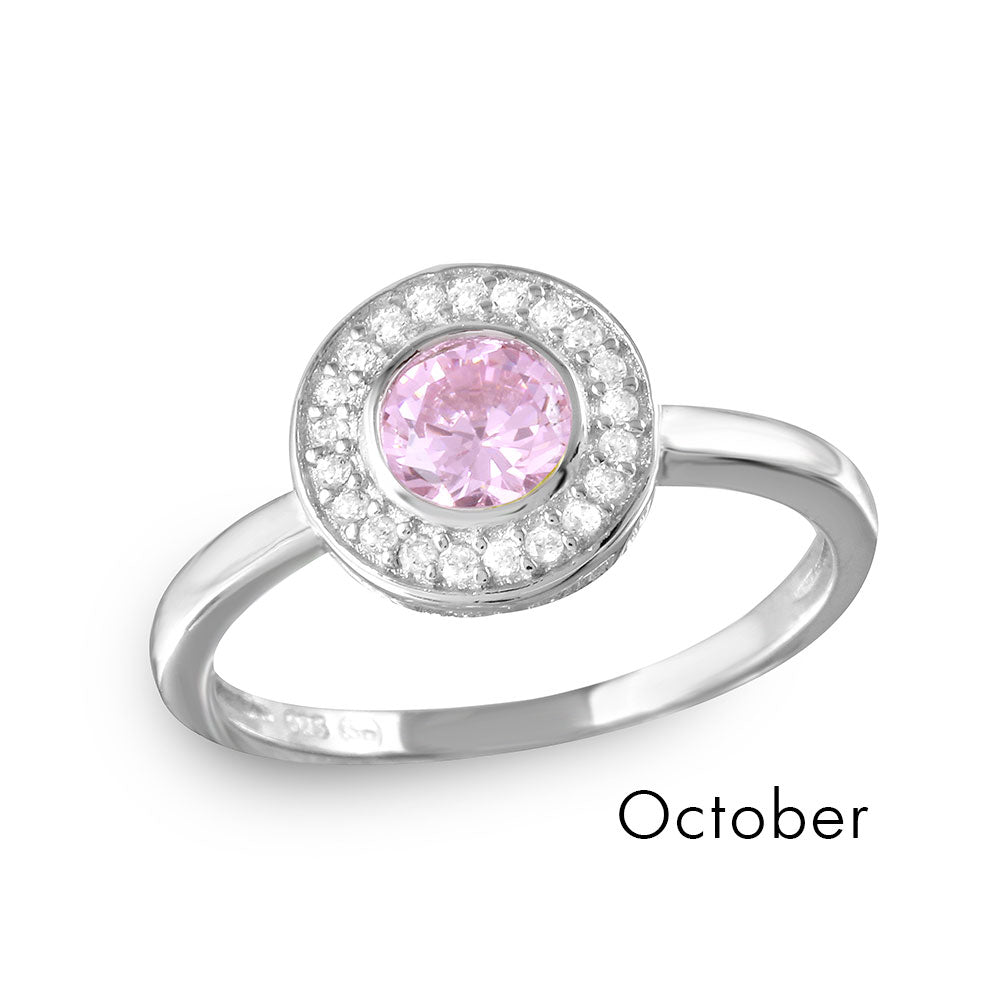 Sterling Silver October Rhodium Plated CZ Center Birthstone Halo Ring