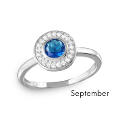 Sterling Silver September Rhodium Plated CZ Center Birthstone Halo Ring