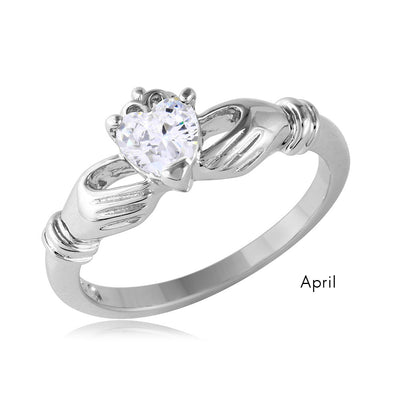 Sterling Silver April Rhodium Plated CZ Center Birthstone Claddagh Ring