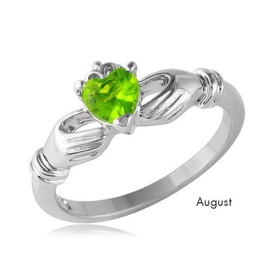 Sterling Silver August Rhodium Plated CZ Center Birthstone Claddagh Ring
