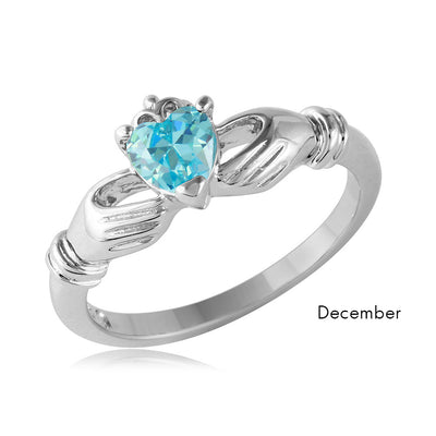 Sterling Silver December Rhodium Plated CZ Center Birthstone Claddagh Ring