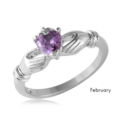 Sterling Silver February Rhodium Plated CZ Center Birthstone Claddagh Ring