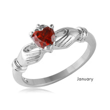 Load image into Gallery viewer, Sterling Silver January Rhodium Plated CZ Center Birthstone Claddagh Ring