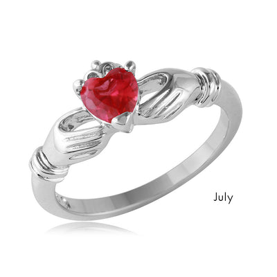 Sterling Silver July Rhodium Plated CZ Center Birthstone Claddagh Ring