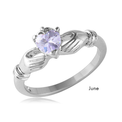 Sterling Silver June Rhodium Plated CZ Center Birthstone Claddagh Ring