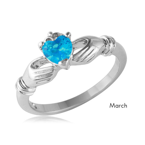 Sterling Silver March Rhodium Plated CZ Center Birthstone Claddagh Ring