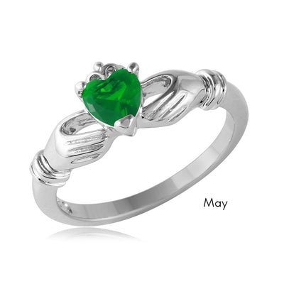Sterling Silver May Rhodium Plated CZ Center Birthstone Claddagh Ring
