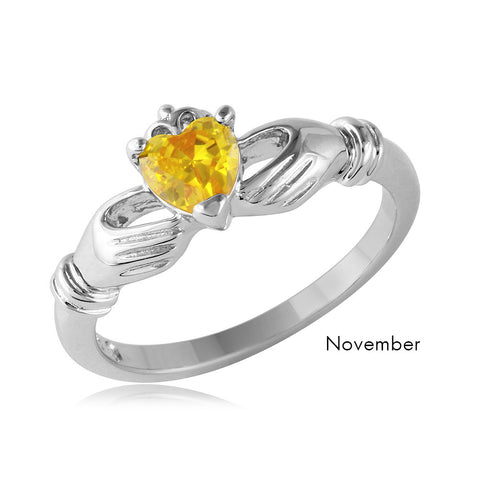 Sterling Silver November Rhodium Plated CZ Center Birthstone Claddagh Ring