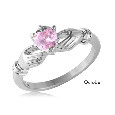Sterling Silver October Rhodium Plated CZ Center Birthstone Claddagh Ring