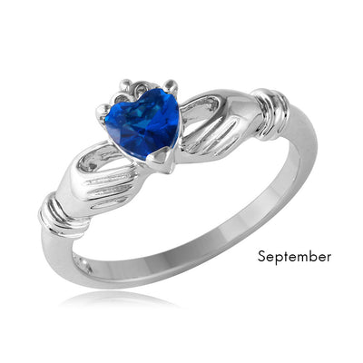 Sterling Silver September Rhodium Plated CZ Center Birthstone Claddagh Ring