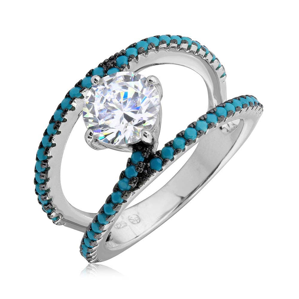 Sterling Silver Rhodium Plated Open Shank Turquoise And CZ Stone Ring