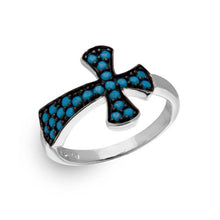 Load image into Gallery viewer, Sterling Silver Black Rhodium And Rhodium Plated Cross Shaped Ladies Ring With Turquoise StonesAnd Width 1mm