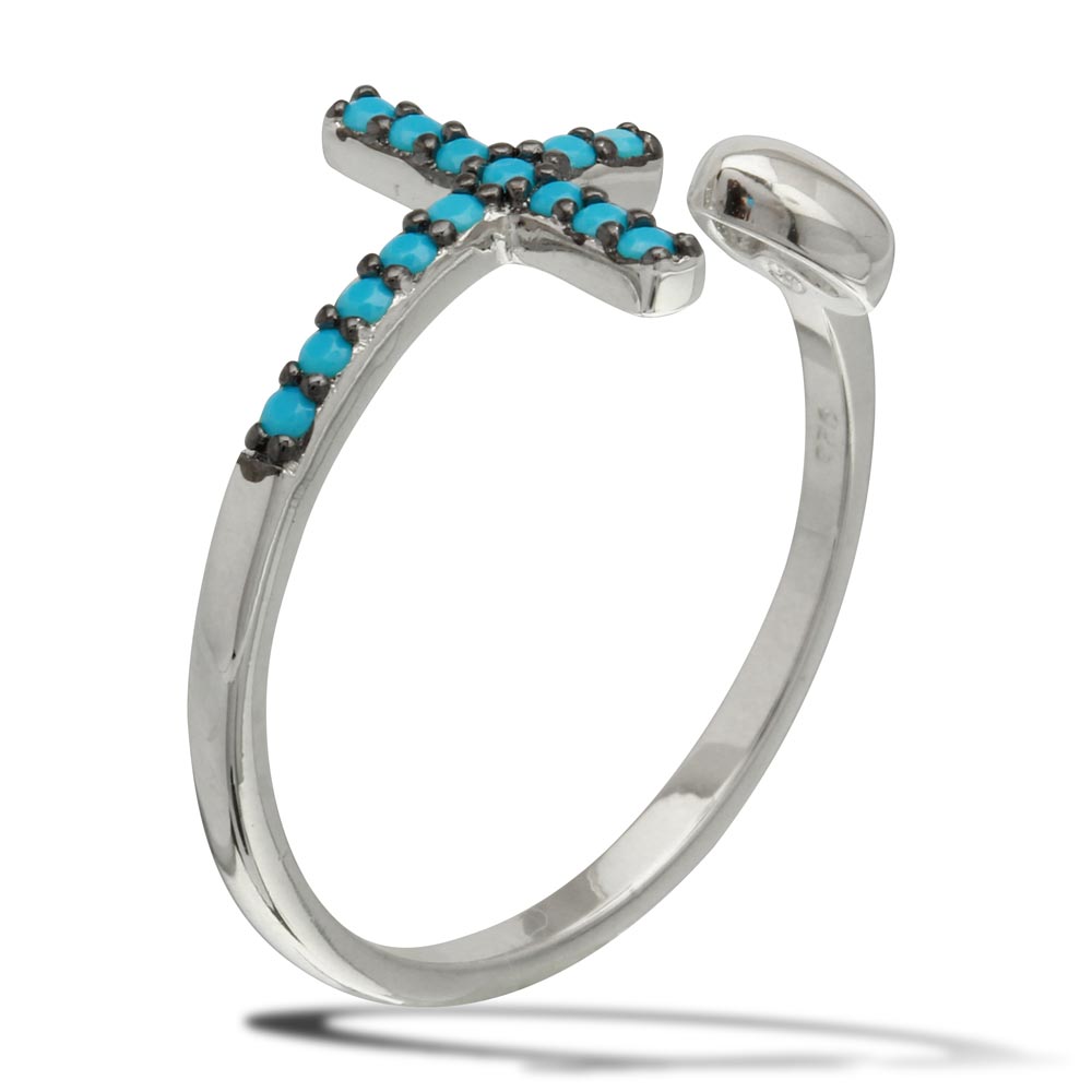 Sterling Silver Rhodium Plated Heart and Cross Open Ring with Turquoise Beads