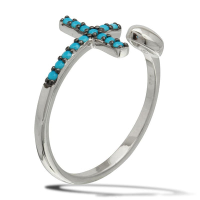 Sterling Silver Rhodium Plated Heart and Cross Open Ring with Turquoise Beads