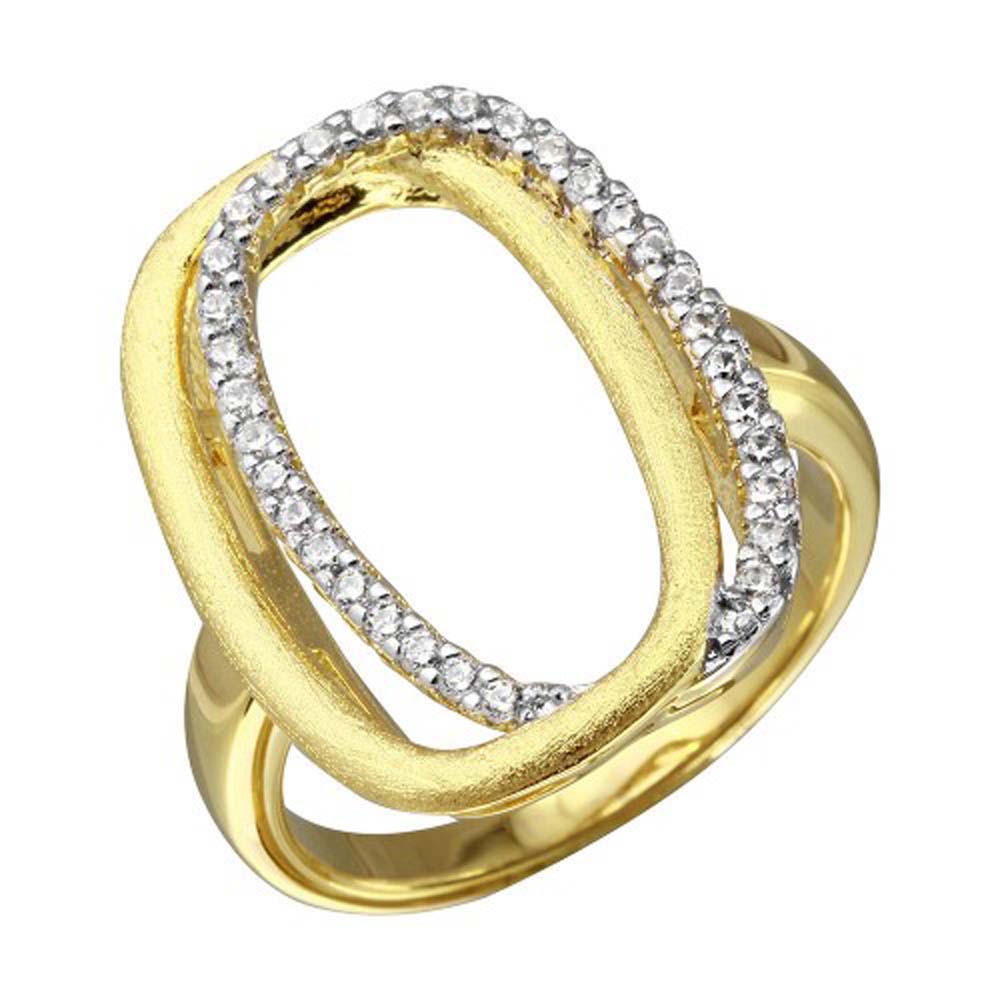 Sterling Silver Gold Plated Open Double Oval Shaped Ladies Ring With CZ Stones