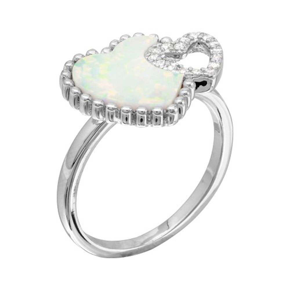 Sterling Silver Rhodium Plated Double Opal And CZ Heart Ring