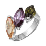 Sterling Silver Rhodium Plated Multicolor Three CZ Stones Ring