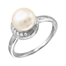 Load image into Gallery viewer, Sterling Silver Rhodium Plated CZ Crescent Ring With Fresh Water Pearl