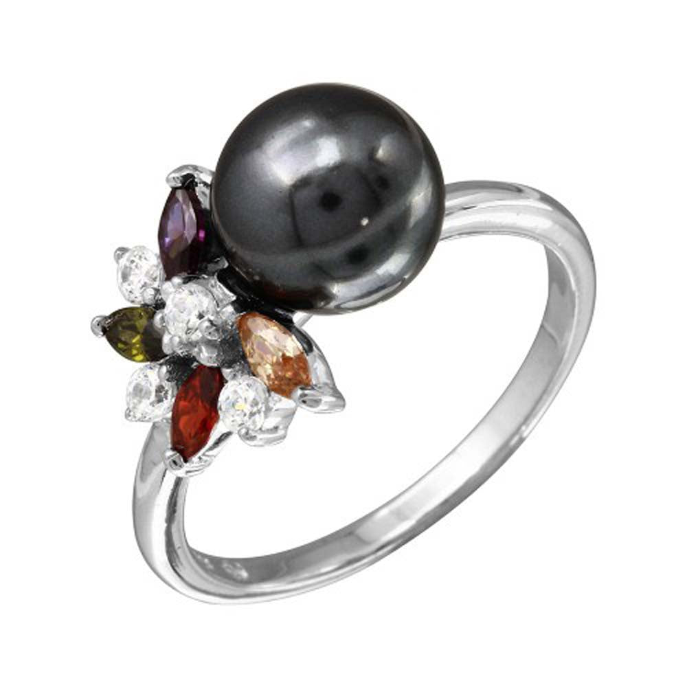 Sterling Silver Rhodium Plated Multicolor CZ Flower Ring With Black Synthetic Pearl