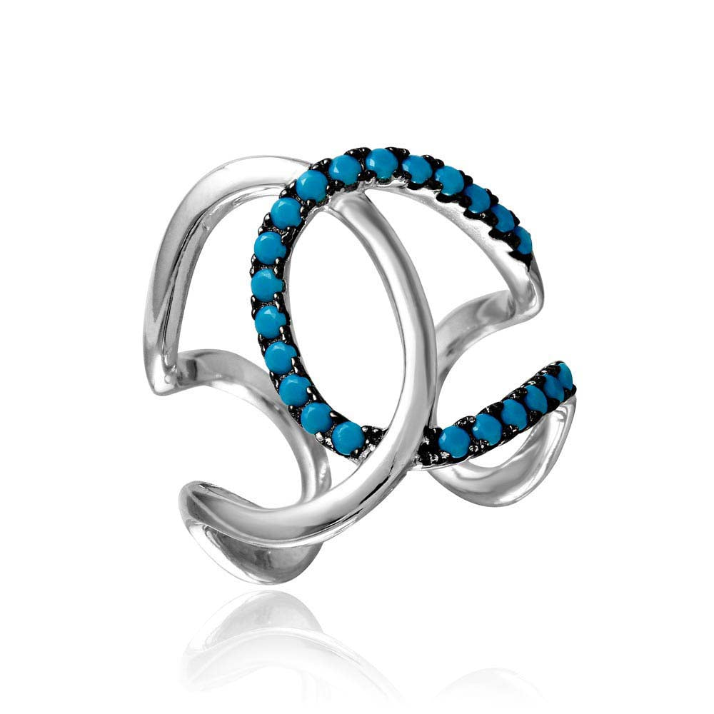 Sterling Silver Rhodium Plated Open Ended Interlock Ring With Turquoise Stones
