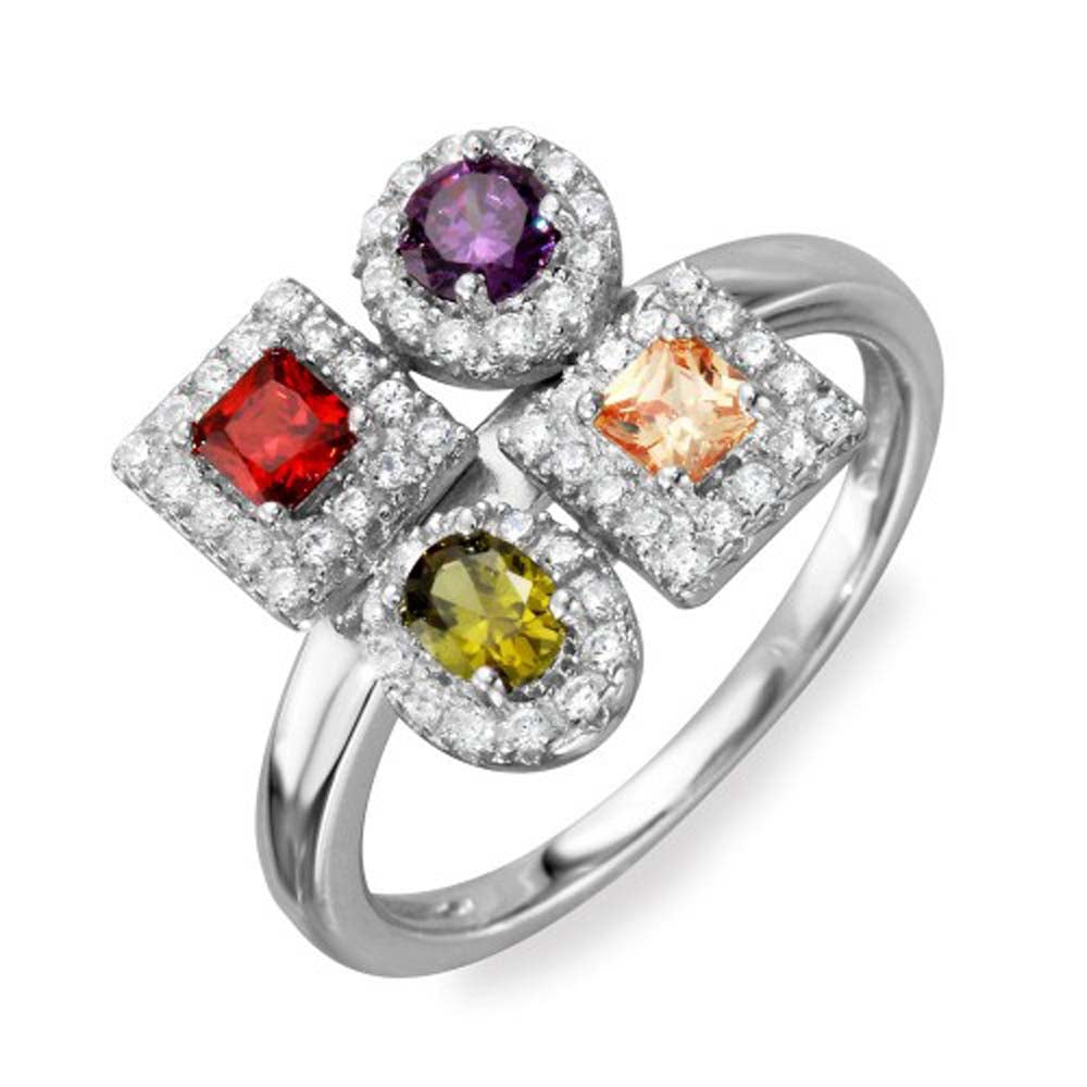 Sterling Silver Rhodium Plated Multicolor Four Design Ring With CZ Stones