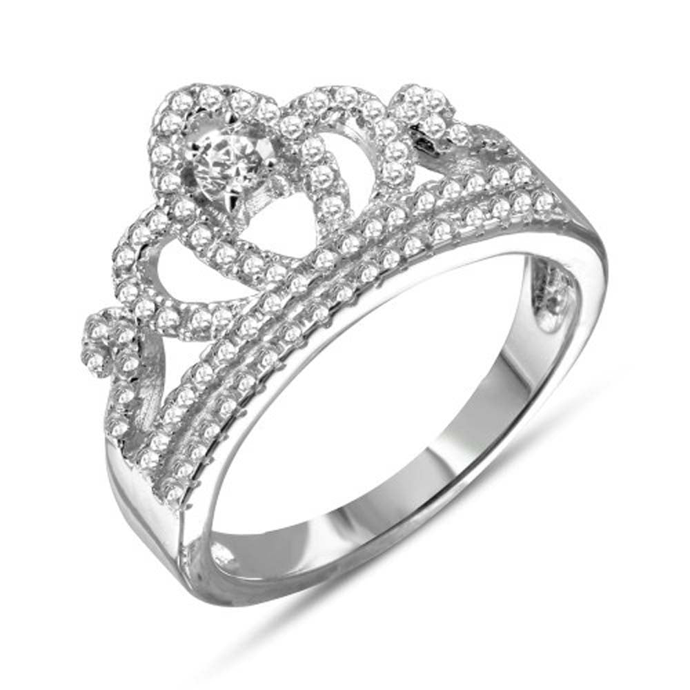 Sterling Silver Rhodium Plated Tiara Shaped Ring With CZ Stones