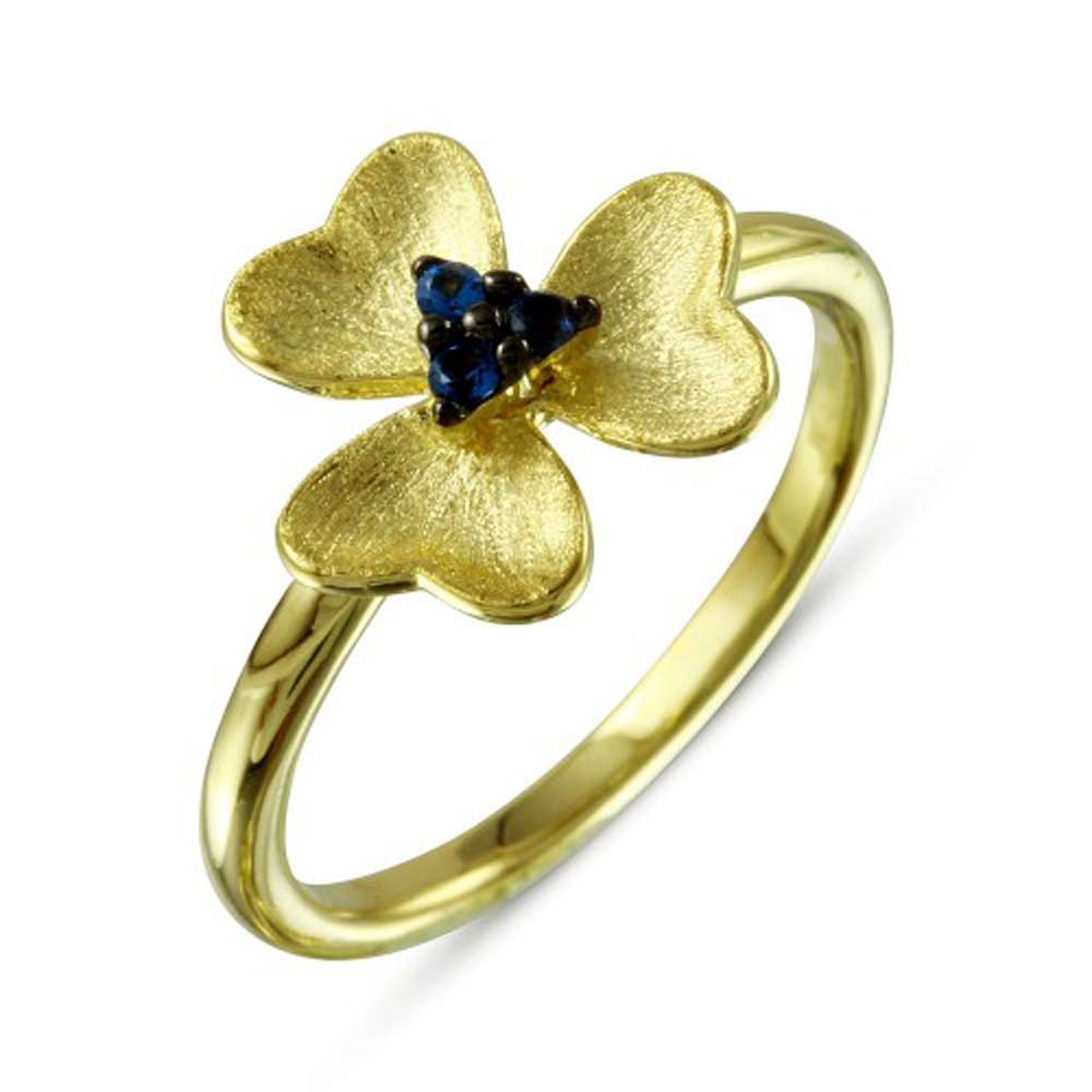 Sterling Silver Gold Plated And Matte Finish Flower Shaped Ladies Ring With Blue CZAnd Width 2mm