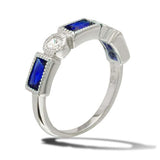 Sterling Silver Rhodium Plated Alternating Blue Rectangle And Clear Round CZ RingAnd Width 3mm