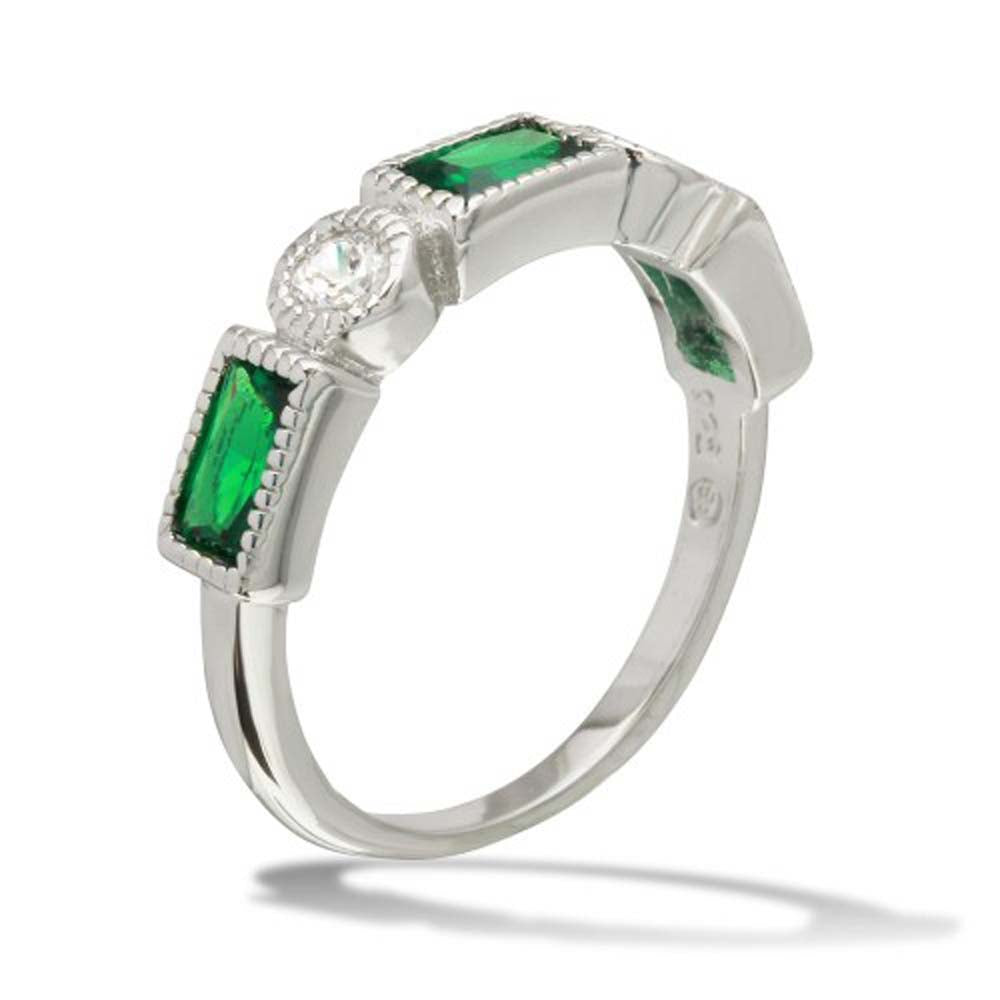 Sterling Silver Rhodium Plated Alternating Green Rectangle And Clear Round CZ RingAnd Width 3mmAnd Thickness 3mmx5mmAnd Weight 2.7gramsAnd Dimensions 20mmx4mm