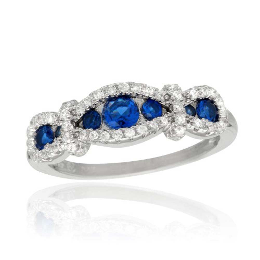 Sterling Silver Rhodium Plated Knotted Shaped Ring With Blue And CZ Stones