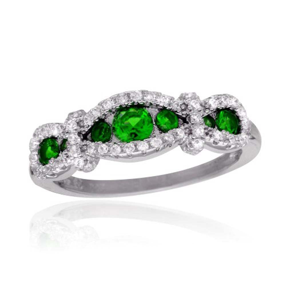 Sterling Silver Rhodium Plated Knotted Shaped Ring With Green And CZ Stones