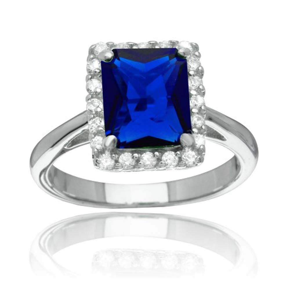 Sterling Silver Rhodium Plated Square Shaped Halo Ring With Blue And CZ Stone