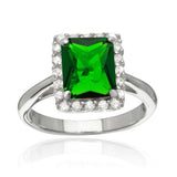 Sterling Silver Rhodium Plated Square Green CZ Halo Ring