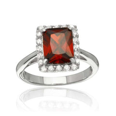 Sterling Silver Rhodium Plated Square Red CZ Halo Ring