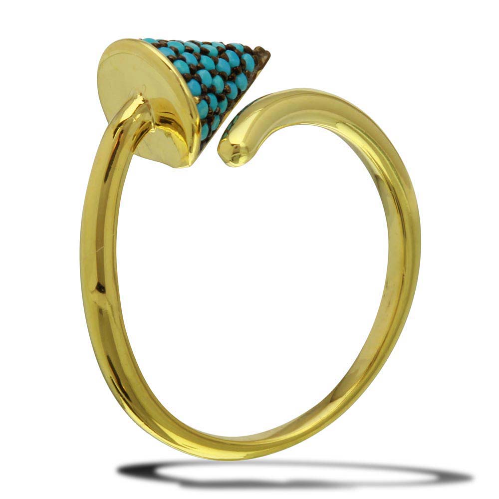 Sterling Silver Gold Plated Open End Cone Shaped Ring With Turquoise StonesAnd Width 1mm