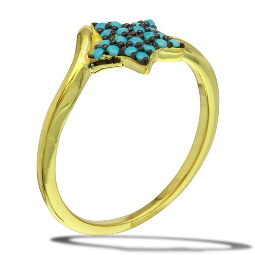 Sterling Silver Gold Plated Star Shaped Ladies Ring With Turquoise BeadsAnd Width 1mm