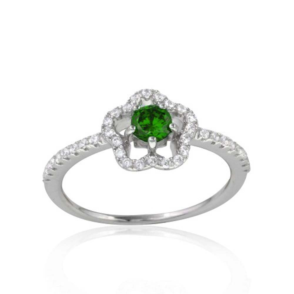 Sterling Silver Rhodium Plated  Clover Micropave Ring with Green Center CZ and Clear Round CZ
