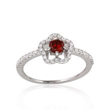 Load image into Gallery viewer, Sterling Silver Rhodium Plated  Clover Micropave Ring with Red Center CZ and Clear Round CZ