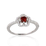 Sterling Silver Rhodium Plated  Clover Micropave Ring with Red Center CZ and Clear Round CZ