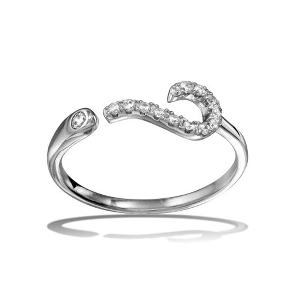 Sterling Silver Rhodium Plated Question Mark Shaped  Ring With CZ Stones